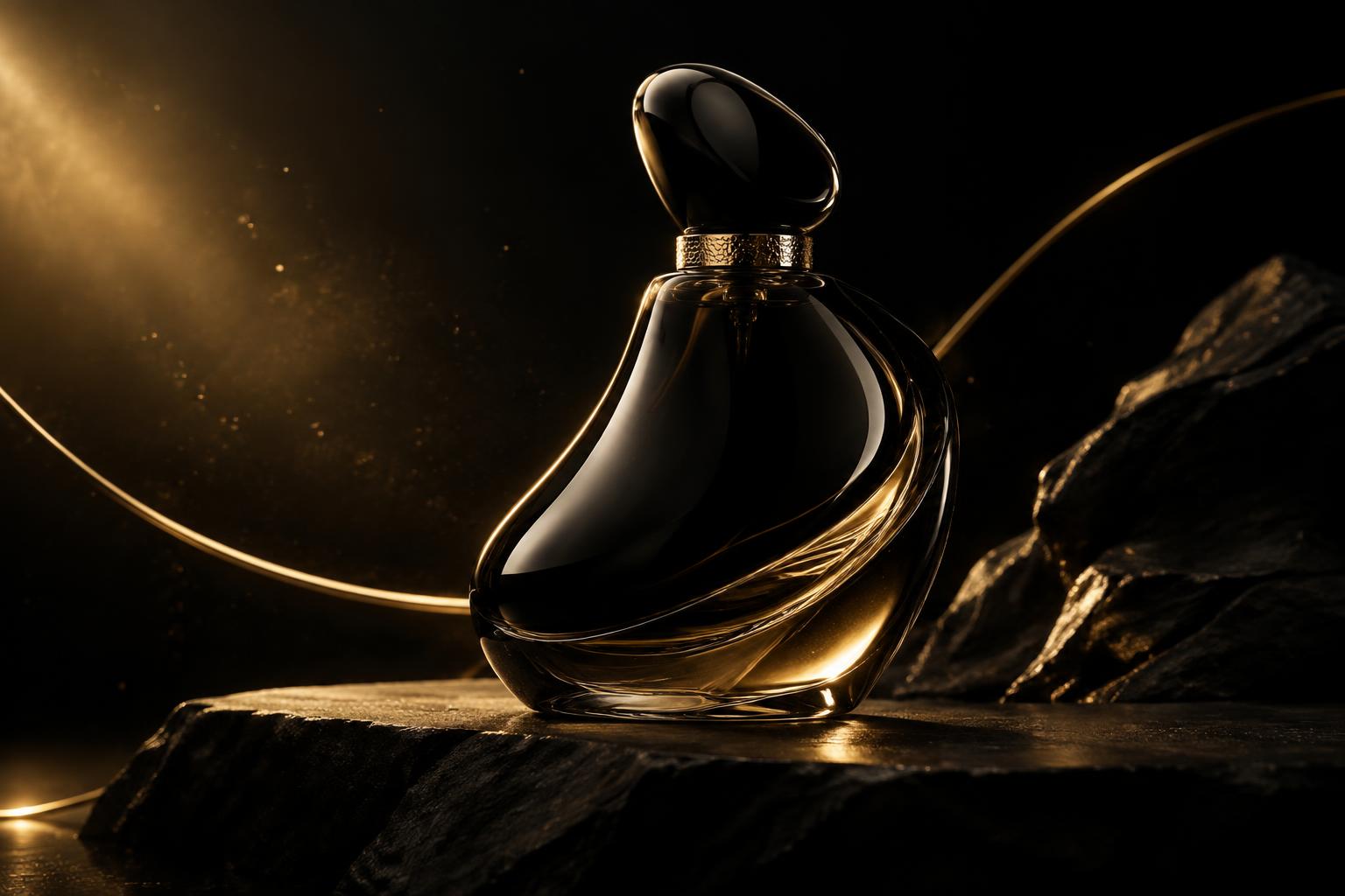 Flacon noir et or éclairé pour une campagne publicitaire premium